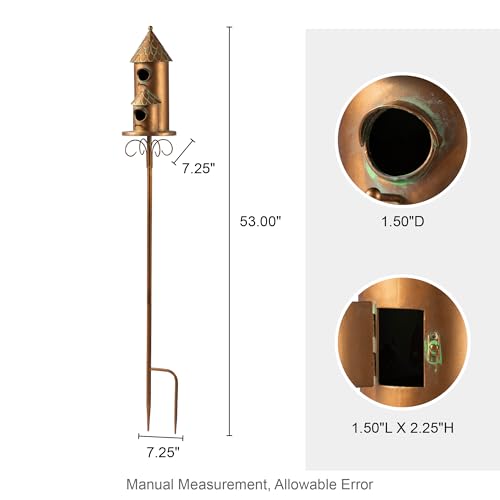 Glitzhome Birdhouses for Outdoors, Bird Houses for Outside, 53" H Farmhouse Faux Copper 2-Tiered Distressed Metal Bird House Decorative Garden Birdhouse with Stake
