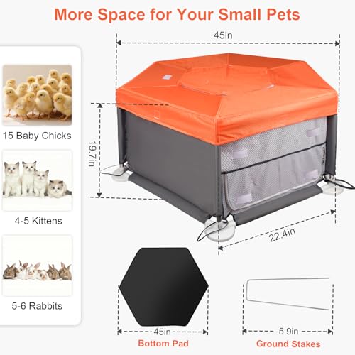 45"x45"x19.7" Sturdy Stainless Steel Frame Small Animal Playpen, Brooder Box for Chicks with Removable Roof & Bottom Pad for Easy Cleaning, Pet Playpen for Ducks, Kittens, Bunnies, Quails, Guinea Pigs