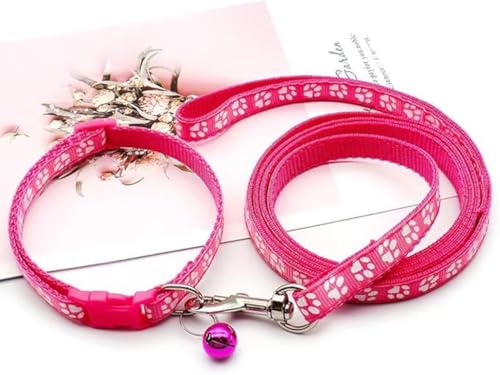 Hot Pink Puppy Collar and Lead Sets, Small Dog Collar and Lead Set Pawprint Adjustable Kitten Collar with Bell for Tiny Little XXS XS Extra Small Breed Pets Dogs Girls Female - color: Hot Pink