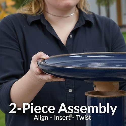 Sunnydaze Ceramic Bird Bath for Outside, Hand-Painted, 21” H, Midnight Blue | UV & Frost-Resistant, 1 Gal Water Capacity, 2-Piece Assembly, Colorful Outdoor Accent, Outdoor Bird Bath, Ceramic Birdbath - color: Midnight Blue