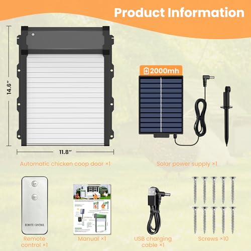 Automatic Chicken Coop Door with Timer & Light Sensor, Chicken coop Door Solar Powered Door with Remote Control & Anti-Pinch，External Power Supply Connection, Outdoor Electric Chicken coop Door