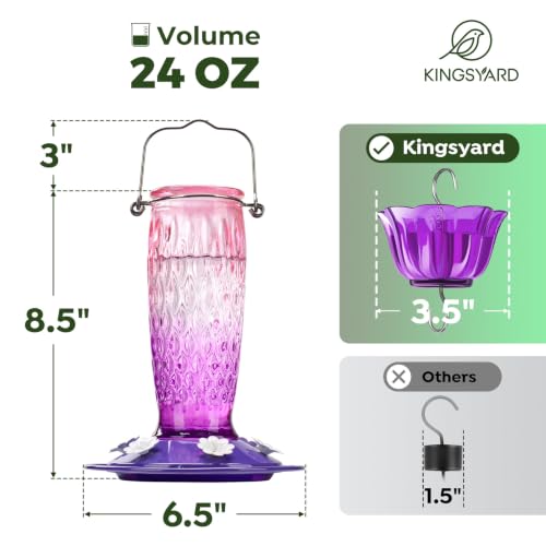 Kingsyard 2 Pack Glass Hummingbird Feeder for Outdoors with Ant Moat | 24 oz, Wide-Mouth Opening, 6 Metal Feeding Ports, Bee Guard, Easy to Clean & Refill Nectar, 360 Degree Perch, Pink & Purple - color: Pink & Purple