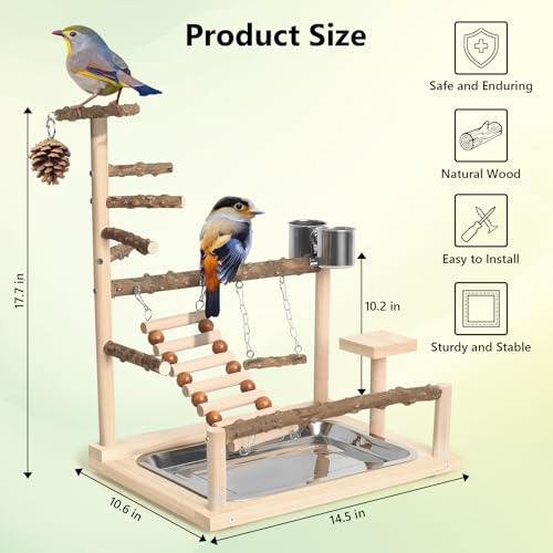 Wood Pet Parrot Playground Bird Play Stand Toys Perch with Feeder Cups for Cockatiel Parakeet Lovebirds Conure (Natural) - color: Natural