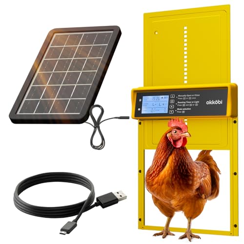 Okkobi Automatic Chicken Coop Door Solar Powered - LCD Display - Chicken Coop Door with Remote Control, Light Sensor & Timer - Security & Peace of Mind: Anti-Pinch Function - 5-Year Protection - color: Yellow