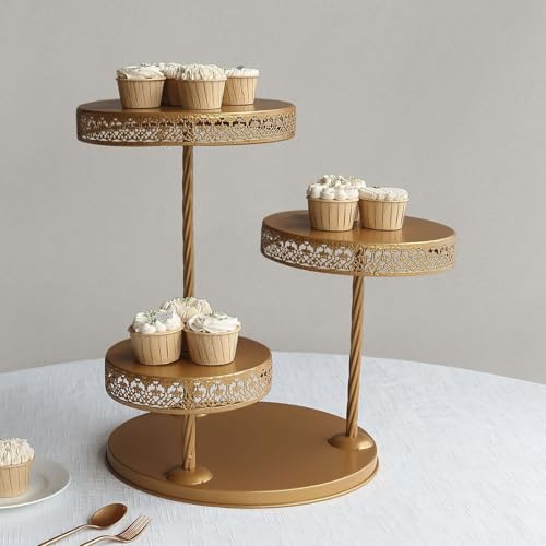 Efavormart 3-Tier Gold Metal Cupcake Tower Dessert Stand, Hollow Lace Design Round Tiered Cake Stand - 21" - color: Gold, size: 3-Tier 21" Hollow Lace