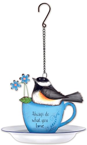 Sunset Vista Designs for The Birds Enameled Cup & Saucer Hanging Birdfeeder, 13.5-Inch, Chickadee