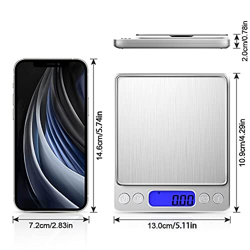 Kitchen Food Scale with 2 Trays, Diyife 500g/0.01g High Precision Scale | Mini Gram Scale with LCD Display, 6 Units, Auto Off, Tare Function, Cooking, Sliver (Batteries Included) - color: Silver