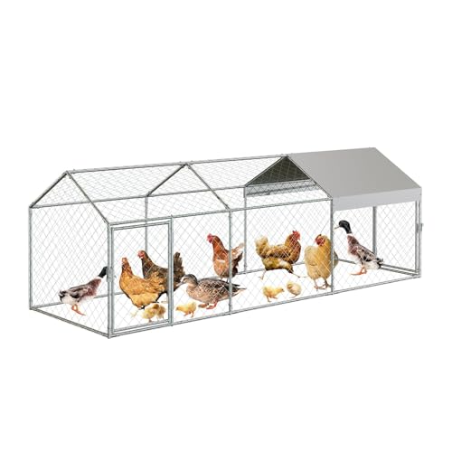 Garvee Metal Chicken Coop, Chicken Runs for Yard with Waterproof and Anti-UV Cover, 2 Door Portable Chicken Coop for Outdoor, Rabbit, Duck, Silver, 120"×40"×40" - color: silver, size: 120.0"L x 40.0"W x 40.0"H