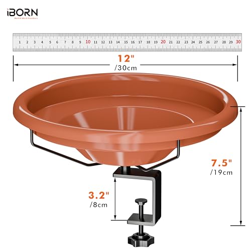 iBorn Bird Bath,Deck Mounted Bird Baths 12inch,Birdbath for Outside with Clamp 3.2inch,BPA-Free Bowl,Chew-Proof,Fully Detachable Design,Easy Clean & Refill,Terracotta,1 Pack（Not Include Fountain） - style: Deck Mounted Bird Bath Terracotta