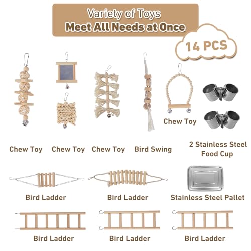 VELVETPAW Bird Playground – 7-Level Natural Wood Parrot Playstand with Feeders & Toys, Modular Two-Tier Bird Play Gym, Detachable Top Tabletop Stand & Detachable Top Tabletop Stand