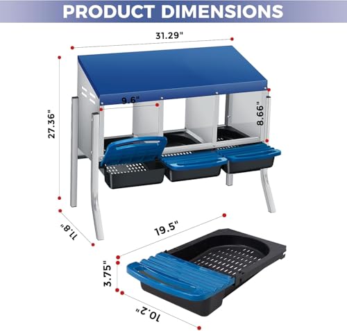  Chicken Nesting Box with Cleanable Pull Out Trays, 3 Hole Roll Away Nesting Box for Laying Hens, Wall Mount or Placed Design for Easy Egg Collection ﻿ - color: Blue, size: 3 Holes with legs