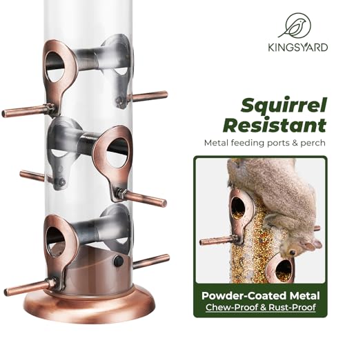 Kingsyard Metal Tube Bird Feeders for Outdoors Hanging | 6-Port with 360° Feeding, No-Spill Design, 2 lb Seed Capacity, Attracts Finches & Songbirds, Garden & Backyard Decor, Copper - color: Antique Copper