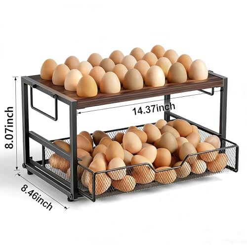Compact 2-Tier Wooden Egg Holder with Basket, Holds 84+ Eggs | Wooden 2-tier egg holder with basket & carry handle , holds 24+60 chicken, duck & quail eggs - size: 2 Tiers