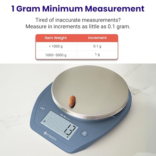 Etekcity 0.1g Food Scale, Bowl, Digital Grams and Ounces for Weight Loss, Dieting, Baking, Cooking, and Meal Prep, 11lb/5kg, Stainless Steel Prussian Blue | 11lb/5kg capacity with tare, removable bowl, ideal for baking, meal prep and portion control, Stai