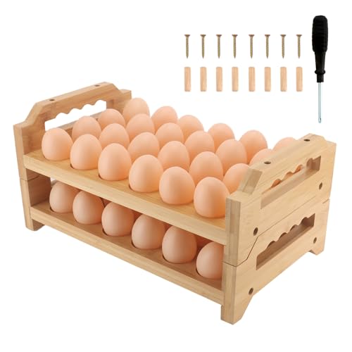 Egg Holder, 2 Tier Egg Holder Countertop, Bamboo Egg Organizer and Storage for Gathering 48 Fresh Eggs, Egg Stackable Stand Rack, Egg Basket for Kitchen Farmhouse
