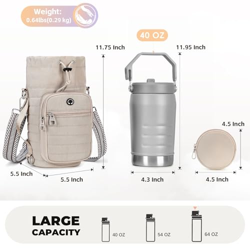 Water Bottle Carrier bag with Strap Phone Pocket for Walking, Hiking, Cycling - color: 2-Khaki, size: 40oz-64oz