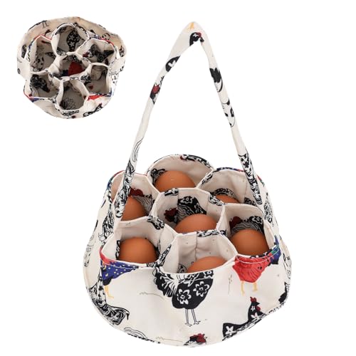 JJUNW 1 Pc Egg Collection Basket, Farmhouse Chicken Egg Holder with 7 Bags, Handheld Egg Purse Egg Basket for Collecting Fresh Eggs, Housewife Garden Transport Storage(Beige Chicken)