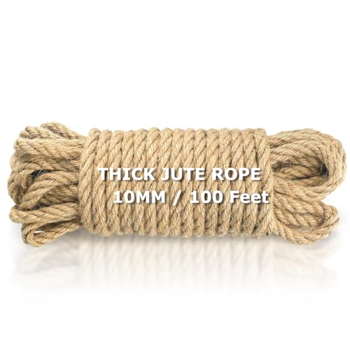 Vanhench Jute String Rope 10mm X100 Feet, Heavy Duty and Thick Twine Rope for Crafts Projects, Gardening, Bundling, Cat Scratcher Scratching Post Tree Gift Wrapping Arts & Crafts Christmas Decoration - color: Brown, size: 10mm (5/12 In)×100ft (30.48m)