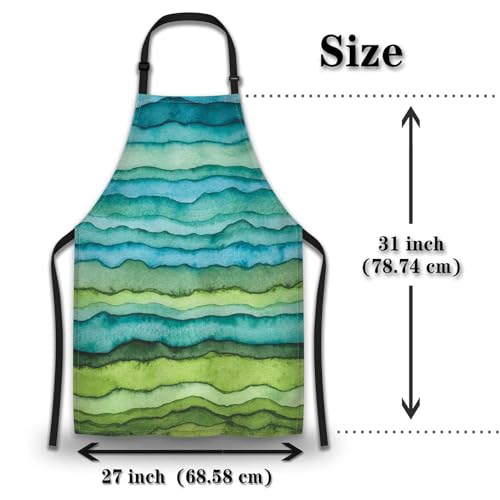 Garden Apron for Women Blue and Green Waves Cute Aprons for Men for Kitchen Cooking Restaurant BBQ Painting Crafting Gardening 27” (W) x 31” (H), Waterproof Apron - color: Blue and Green Waves
