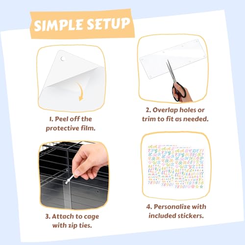 12 Pcs Clear Cage Guard, 13.8"x4.7" Scatter Guard for C&C Cages | Flexible Cage Liner with Zip Ties & Personalized Letter Stickers, Fits Rabbit Guinea Pig, Metal Wire Playpen, Cage Accessory - size: 13.8" x 4.7" (12 PCS, 8 Holes)