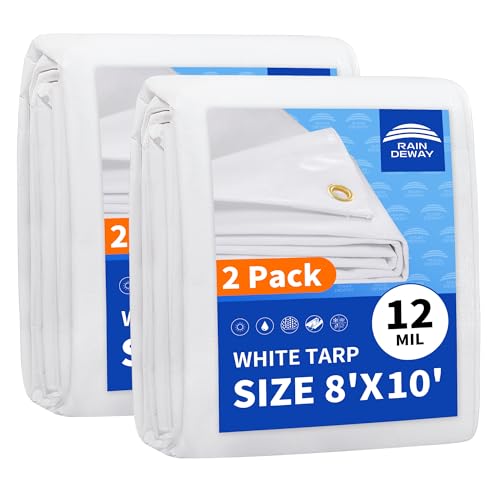 RAINDEWAY 8' X 10' (2 Pack) White Heavy Duty Waterproof Poly Tarp Cover | 12 Mil Extra Thick,Finished Size,UV Resistant,Weatherproof,with Metal Grommets and Reinforced Edge - color: White, size: 8x10 Feet (2-Pack)-Finished size