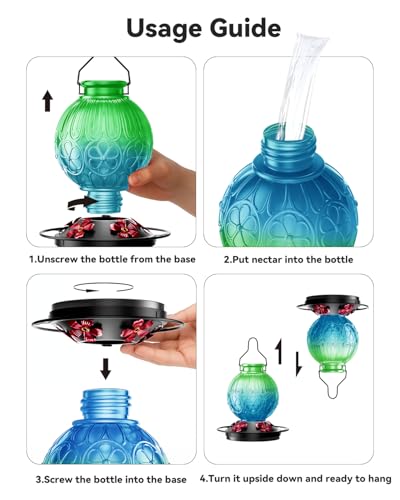 26Oz Hummingbird Feeder for Outdoors, Vintage Glass Bird Feeder with Perch, Durable & Easy to Clean, Hanging Nectar Feeder for Garden, Yard, Deck – Gifts for Women Mom (Green) - color: Green