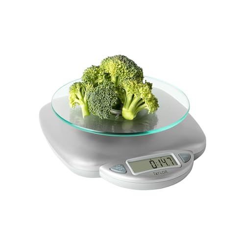 Taylor 11LB Capacity Digital Glass Top Kitchen Scale with LCD Display, Weight in Grams and Ounces for Baking, Cooking, and Meal Prep, Silver