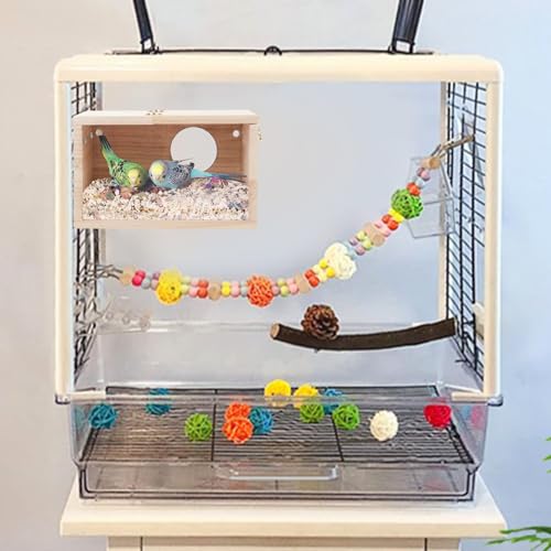 Rypet Parakeet Nesting Box, Cockatiel Bird Nest Box with Perch(XL) | Wood Bird Cage House, Transparent Thwartwise Design, Warm & Durable for Cockatiel Lovebirds Budgie Finch Parrotlets Canary - size: X-Large