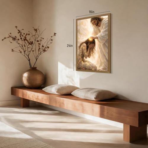RLKHG Wood Framed Jesus Healing Woman Wall Art, Christian Faith Religious Poster Print, Biblical Miracle Wall Decor, Inspirational Bible Story Artwork for Church Prayer Living Room 12x16 Inch - color: JesusWoman, size: 16"L x 12"W