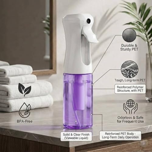 VIGOR PATH Continuous Mist Purple Spray Bottle 200ml Fine Mist for Hair | Aerosol Free Reduces Hand Fatigue Salon Refillable Lightweight Cleaning - color: PURPLE
