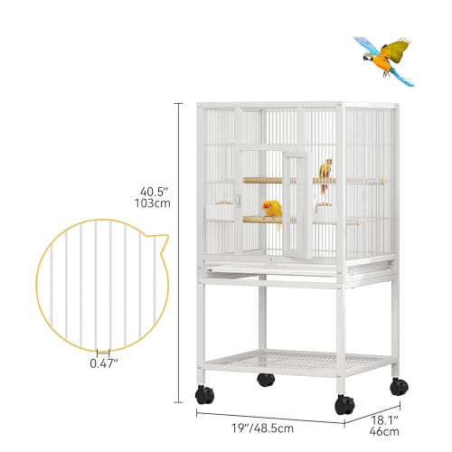 DWVO 41-inch Metal Bird Cage: Large Parrot Cages with Rolling Stand - Features Tray, Food Boxes & Wooden Perches for Parakeets, Lovebirds, Cockatiels, Finches and Pigeons, White - color: White, size: 19.0"L x 18.1"W x 40.5"H