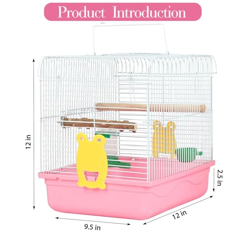 Small Bird Cage for Travel, Parrot Carrier with Handle 9.5"L x 12"W x 12"H | Sturdy, Easy to Clean & Install, Birdcages with Trays, Standing Perch, Feeder Cups for Smaller Birds Lovebird Parakeets, Pink - color: Pink