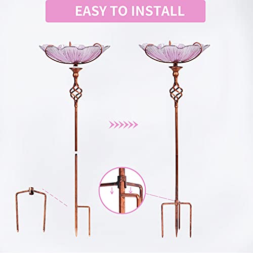 Glass Birdbath Birdfeeder with Metal Stake Garden Yard Outdoor Pink | 31inch height stain glass pink flower bird bath for outside, bird bath bowl,attract wild birds and beautify outdoor gardens - color: Pink