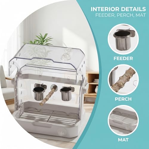 Bird Travel Cage, 10×6.7×8.3 Inches Waterproof & Sturdy Pet Carrier with Perch & Food Bowls, Portable Cage for Budgies, Cockatiels, Lovebirds & Small Birds