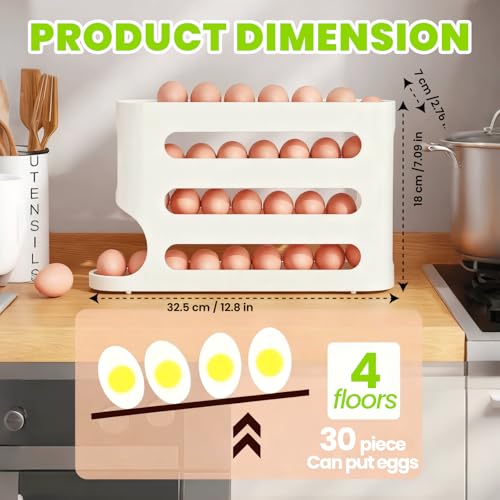 Egg Holder For Fridge, Automatic Rolling Dispenser | Space-Saving Side Door Storage Rack, Generous Design Accommodates Up To 30 Eggs - color: white