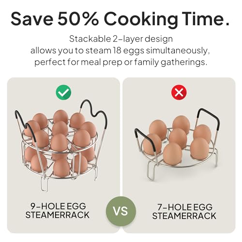 Stackable Egg Steamer Rack Holds 18 Eggs with Handles, Stainless Steel Instant Pot Trivet Fits 6qt/8qt Pressure Cooker, 2-in-1 with Skewers for Grilling