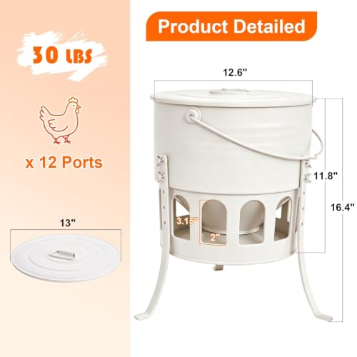 30lbs Metal Chicken Feeder with Legs, 12-Port No Waste Poultry Feeder, Powder Coated Rust-Proof, Ideal for Chickens Ducks Geese Backyard Farm (Jade White) - color: Jade White