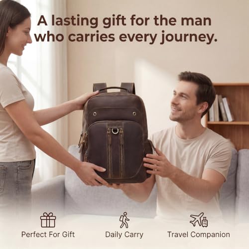 Full Grain Leather 16" Laptop Business Travel Backpack for Men, Brown | Crazy Horse Leather, YKK Metal Zippers, 5 Compartments, Ergonomic S-Straps, Large Capacity, Trolley Sleeve - color: Brown