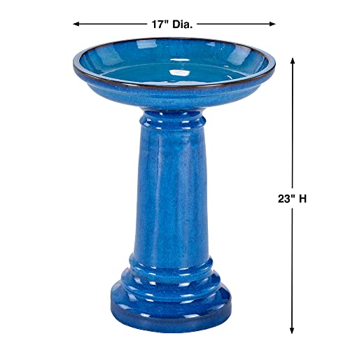 Smart Solar Aviatra Outdoor Ceramic Birdbath with Pedestal Stand and Glossy Finish, Elegant Traditional Birdbath for Garden, Blue - style: Aviatra