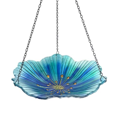 Bird Baths for Outdoors, Glass Birdbaths Outdoor Birdfeeder with Metal Stake (Light Blue with Hanging) - color: Navy Blue with Hanging