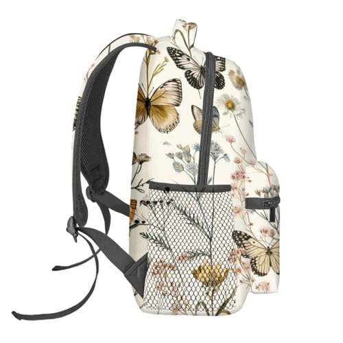 Vintage Butterfly Backpack,Wildflower Retro Polyester Backpacks,Lightweight Double Shoulder Back Pack for Girls Women,Floral Cream Bookbag,School Bag Gifts,Casual Travel Daypack Book Packs - color: Butterfly 02