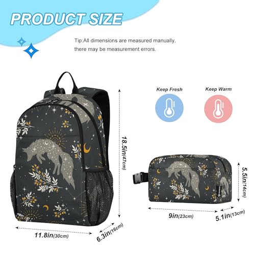 Magical Fox Stars Moons Boho Backpack with Lunch Bag, School Backpack for Teens Boys Girls Kids Travel Backpacks Set - color: Green