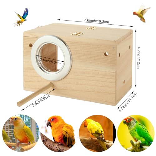 QTLCOHD 2 Pack Parakeet Nesting Box, Natural Wood Breeding Box | with Transparent Acrylic Window, Bird Nesting Box for Parakeets, Lovebird, Cockatiels, Conure
