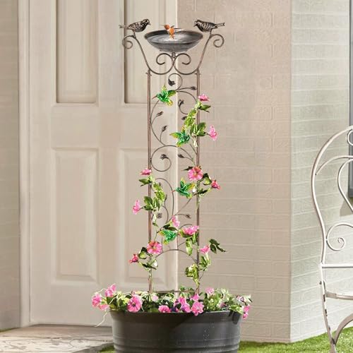 BAYN 43.5 Inch Metal Bird Bath Bowl with Garden Trellis Outdoor | Easy Install, Garden Birdbath and Plants Trellis 2 in 1, Decorative with Hummingbirds, Functional Decor for Yard Patio Lawn - style: Hummingbird