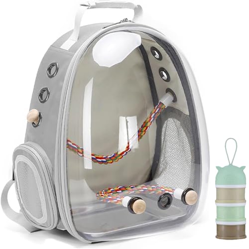 Bird Traval Carrier Cage, Clear Space Capsule Astronaut Backpack to Carry Parakeet Cockatiel Parrot with Metal Tray Wood Perch, Vet Transport School Bag - color: Grey