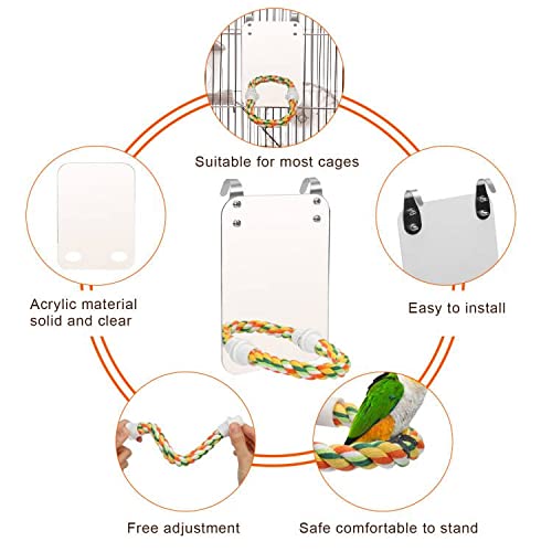 7" Bird Mirror for Cage, Parakeet Cockatiel Parrot Mirror with Rope Perch | Bird Swing Toys Parrot Grinding Stone with Bell for Parakeet Cockatoo Lovebirds Canaries