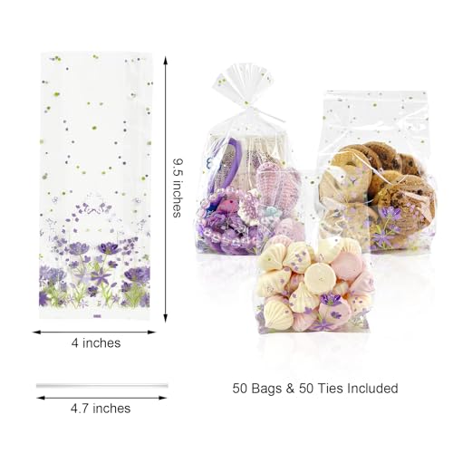 EKAPACKAGING 50Pcs 4x9.5 Inches Wildflower Flower Side Gusseted Cellophane Bags with Twist Ties, 2" Side Gussets Purple Violet Treat Bags for Cookies, Floral Spring Goodie Bags for Bridal Shower - color: Violet