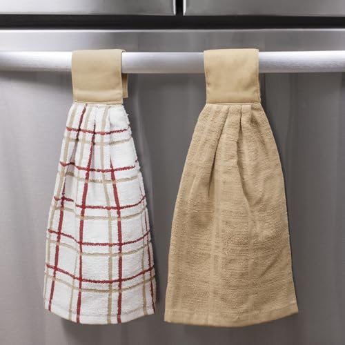 Ritz Premium 100% Cotton Solid and Multi Check Kitchen Tie Towel, Absorbent, Super Soft, and Fast Drying Hang Towel, Set of Two, Biscotti - color: Biscotti, size: Solid & Multi Check - 2 Piece