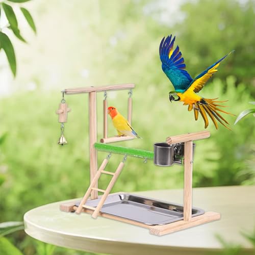 Bird Playground, Natural Wood Bird Perch Stand with Removable Tray and 2 Stainless Steel Feeder Cups, Parrot Playstand Bird Cage Toys for Conure Parakeet Cockatiel Parrot (C) - color: C