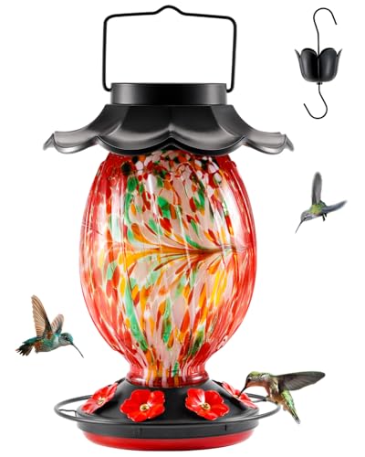 HouseSapp Solar Hummingbird Feeder - 49 fl.oz Hand Blown Glass Color Changing - 7 Feeding Ports with Perch - Never Leak - Perfect Hummingbird Feeder - color: Red